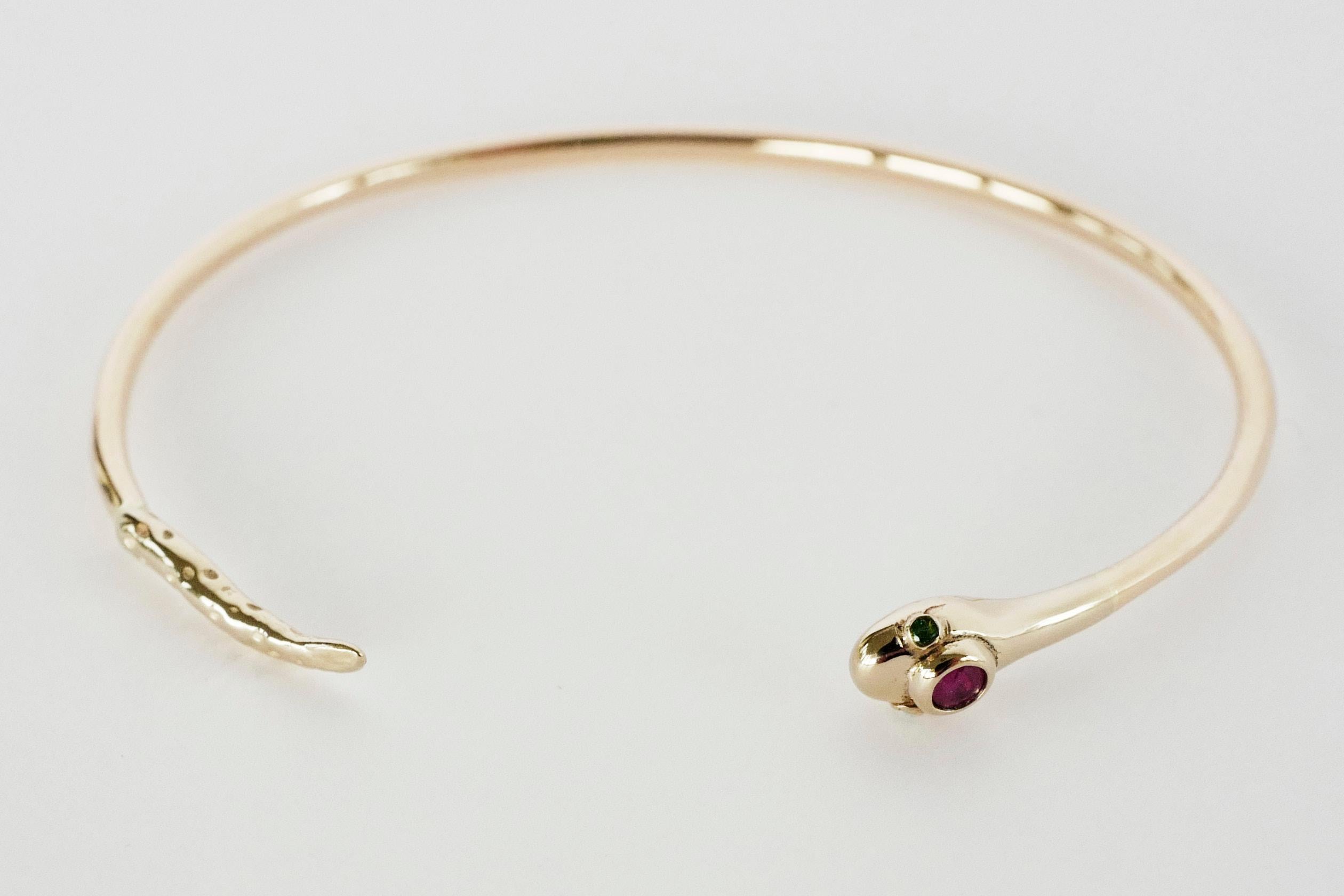 Emerald Ruby Snake Bangle Cuff Bronze Victorian Style J Dauphin In New Condition For Sale In Los Angeles, CA