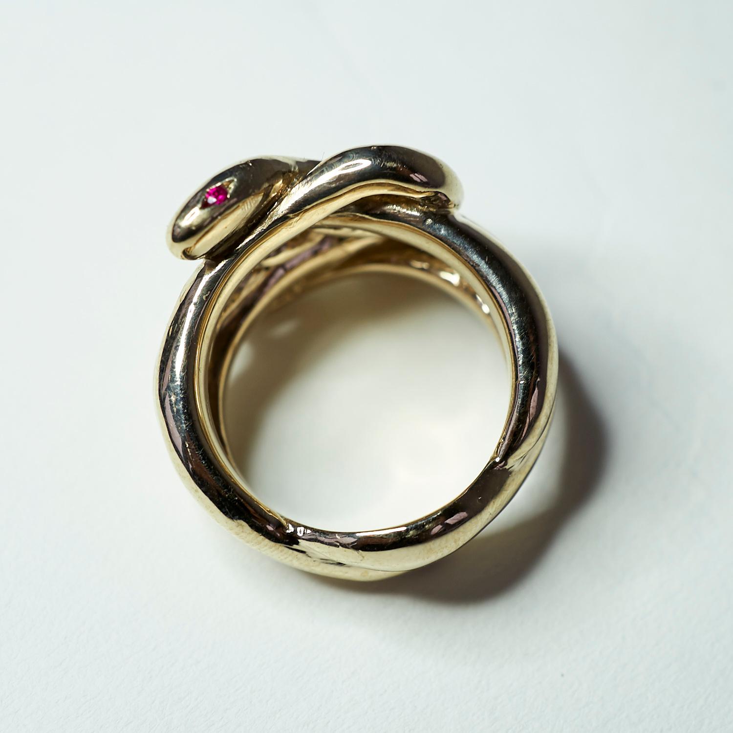 Contemporary Emerald Ruby Snake Ring Victorian Style Bronze Cocktail Ring J Dauphin For Sale