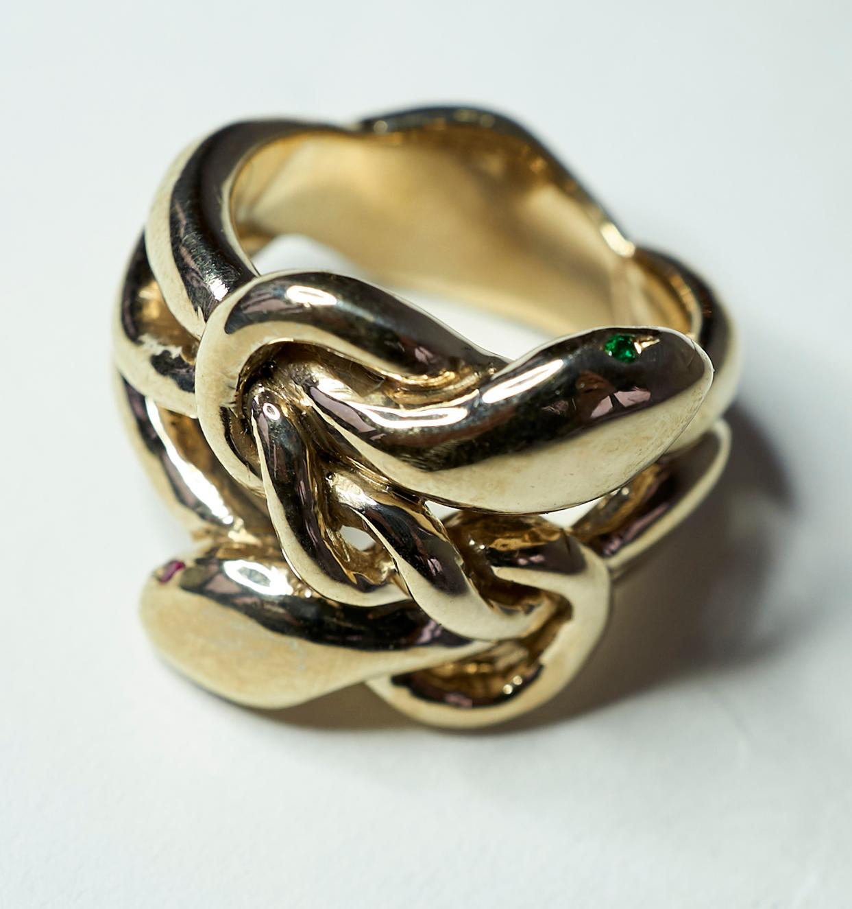 Emerald Ruby Snake Ring Victorian Style Bronze Cocktail Ring J Dauphin For Sale 2