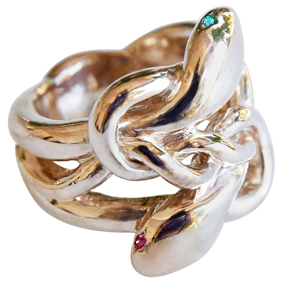 Emerald Ruby Snake Ring Victorian Style Bronze Cocktail Ring J Dauphin For Sale