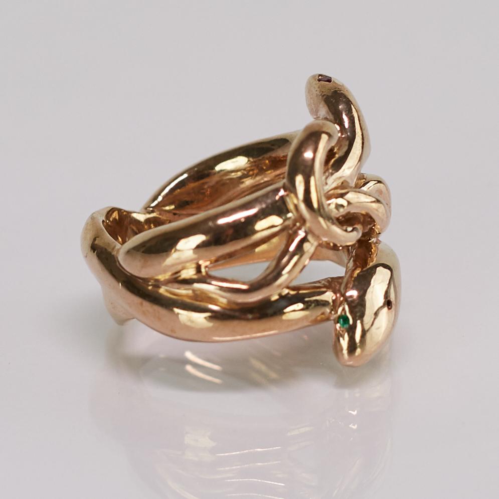 Brilliant Cut Emerald Ruby Snake Ring Victorian Style Cocktail Ring Bronze J Dauphin For Sale