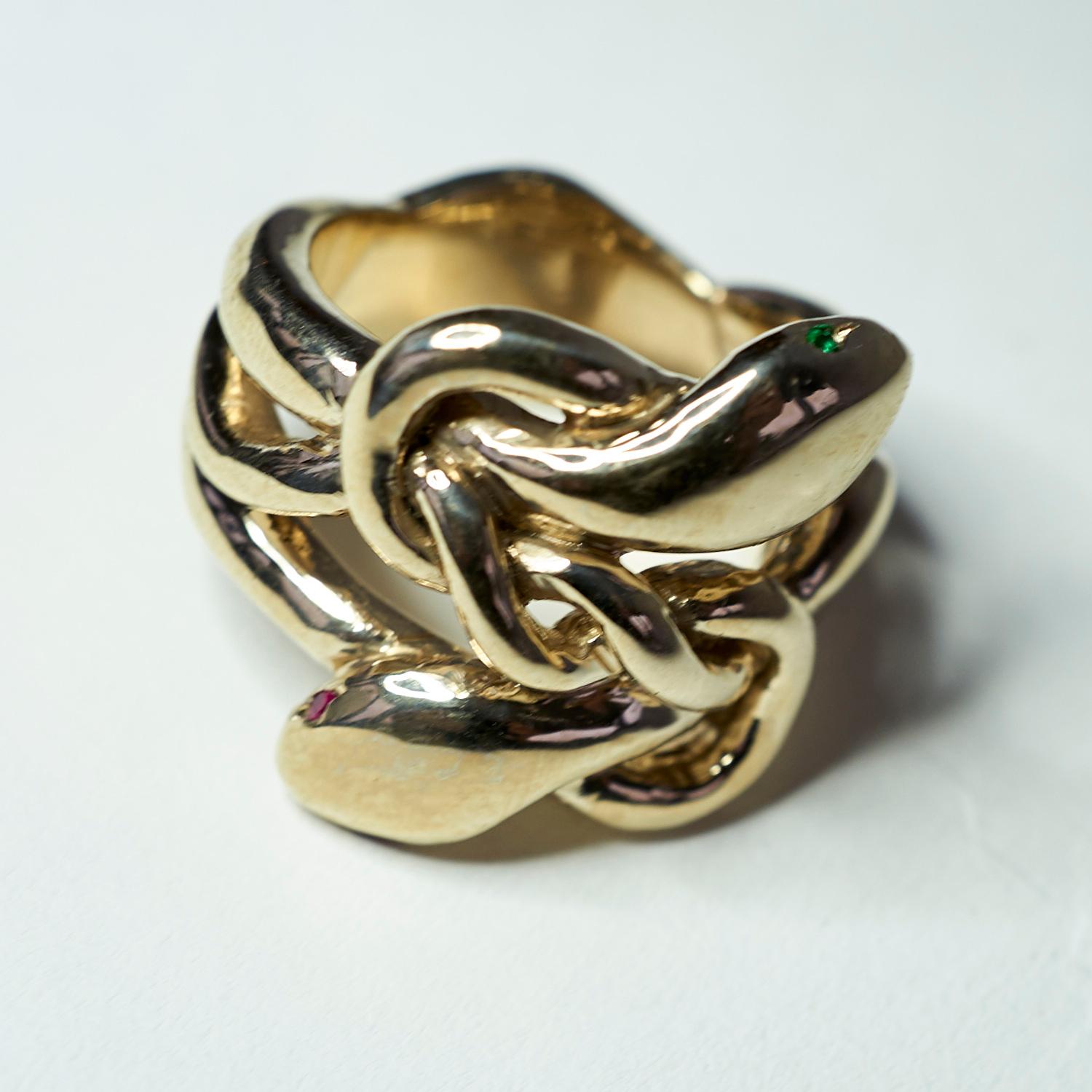 Brilliant Cut Emerald Ruby Snake Ring Victorian Style Cocktail Ring Bronze J Dauphin For Sale