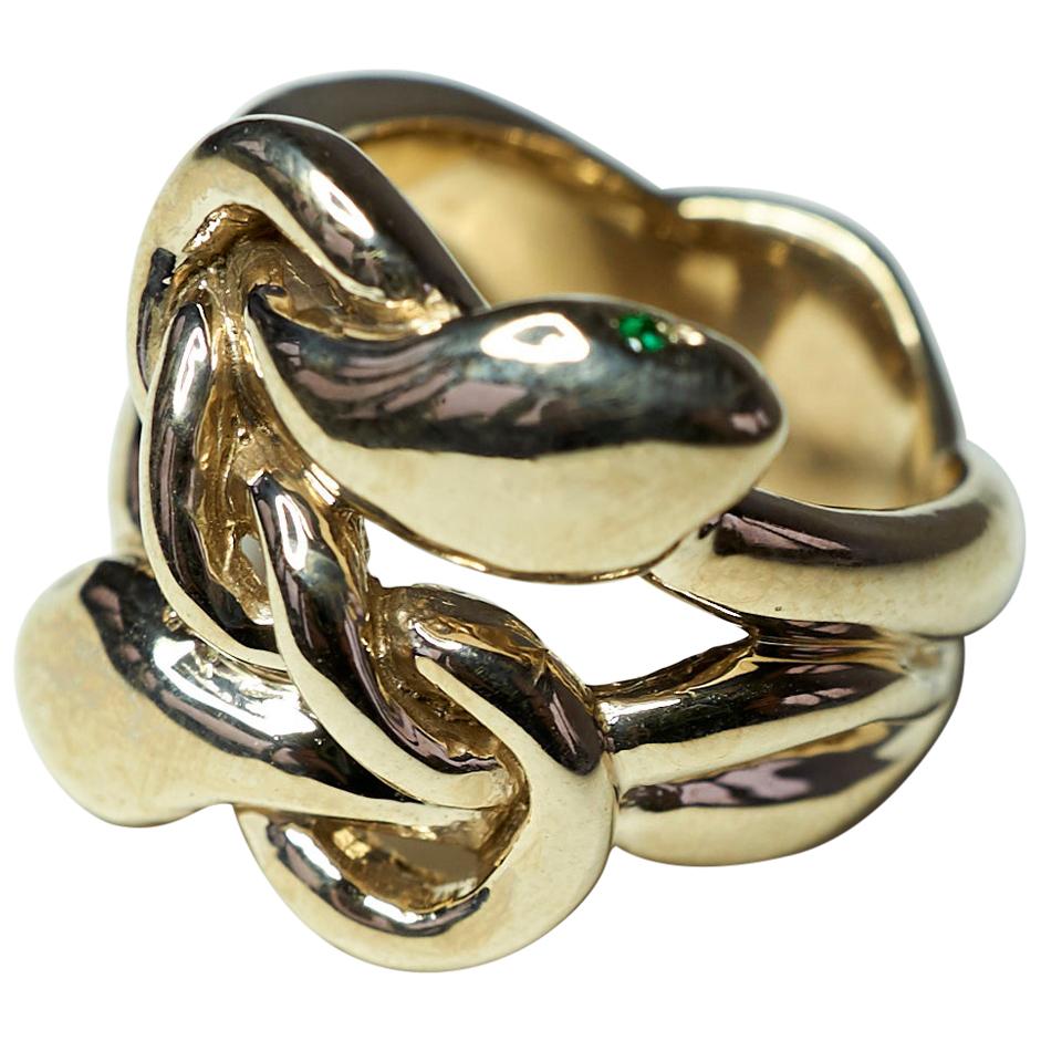 Taille brillant Bague de cocktail de style victorien J Dauphin en bronze avec émeraude et rubis en forme de serpent en vente