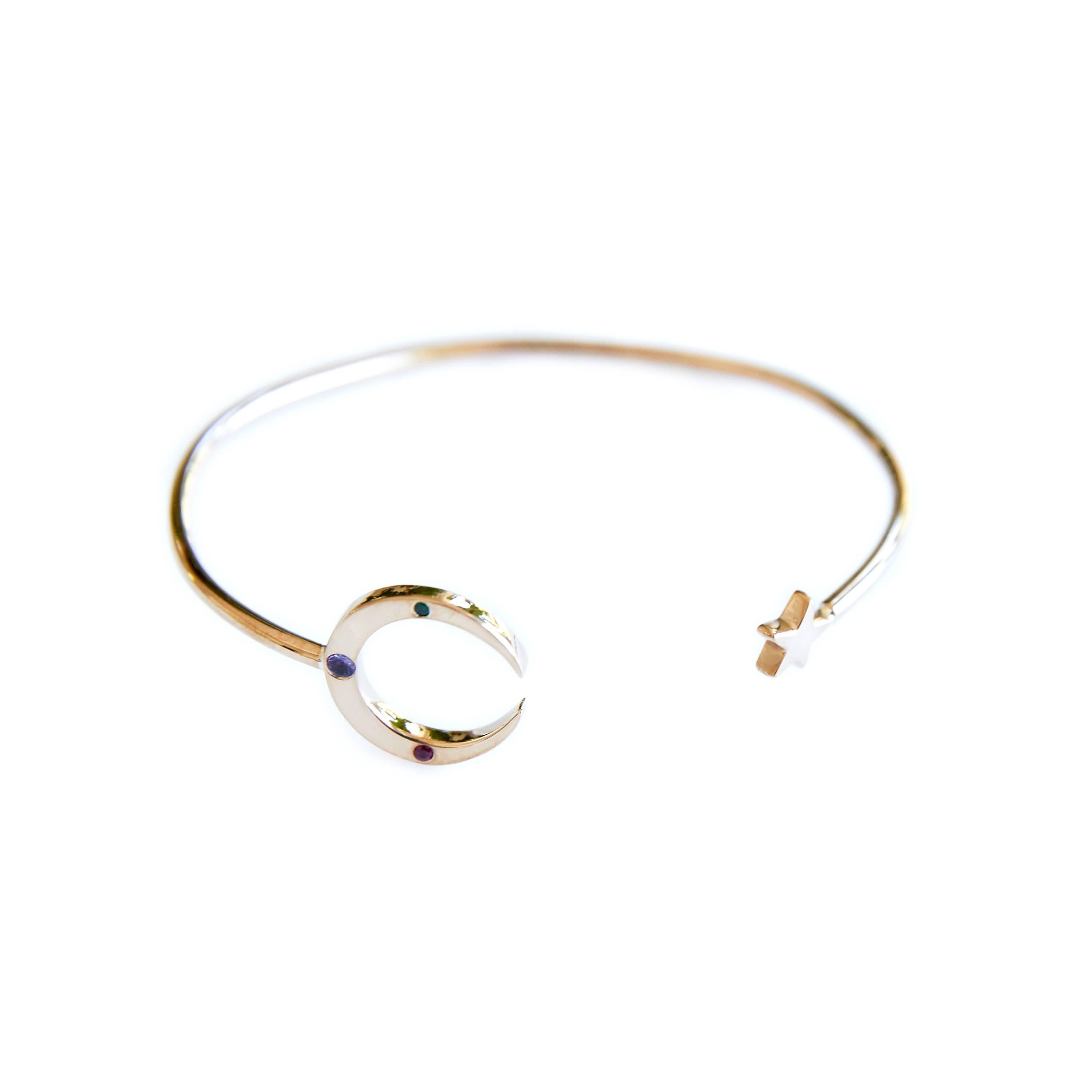 Emerald Ruby Tanzanite Crescent Moon Star Bracelet Bangle Bronze J Dauphin Contemporáneo en venta