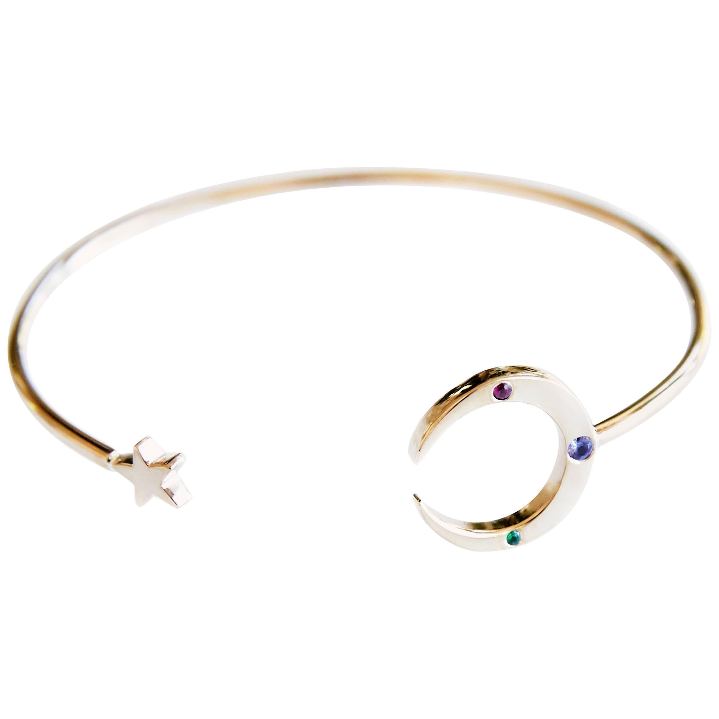 Bracelet manchette J Dauphin en bronze avec étoile de lune croissante, émeraude, rubis et tanzanite