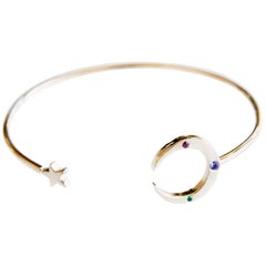 Bracelet manchette J Dauphin en bronze avec étoile de lune croissante, émeraude, rubis et tanzanite