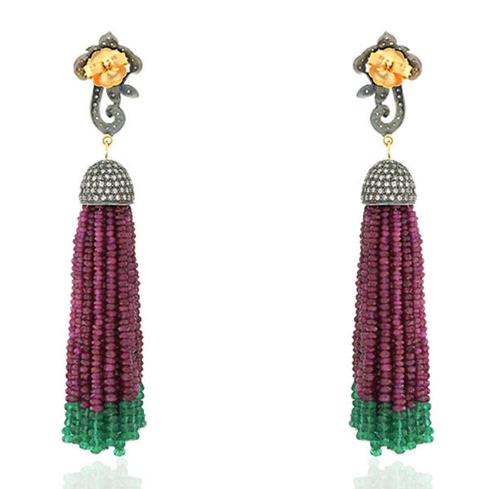 Contemporary Emerald & Ruby Tassel Earrings with Diamonds Made in 18k White Gold & Silver For Sale