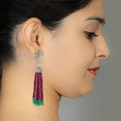 Emerald & Ruby Tassel Earrings with Diamonds Made in 18k White Gold & Silver