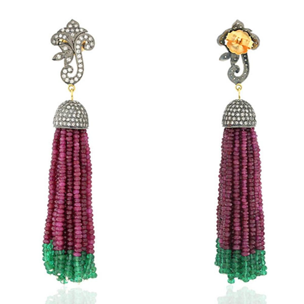 Mixed Cut Emerald & Ruby Tassel Earrings with Diamonds Made in 18k White Gold & Silver For Sale