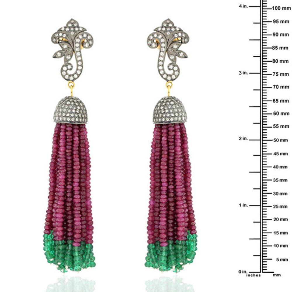 Mixed Cut Emerald & Ruby Tassel Earrings with Diamonds Made in 18k White Gold & Silver For Sale