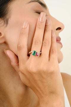 Emerald Ruby Toi et Moi Wedding Ring with Diamonds in 14k Solid Yellow Gold