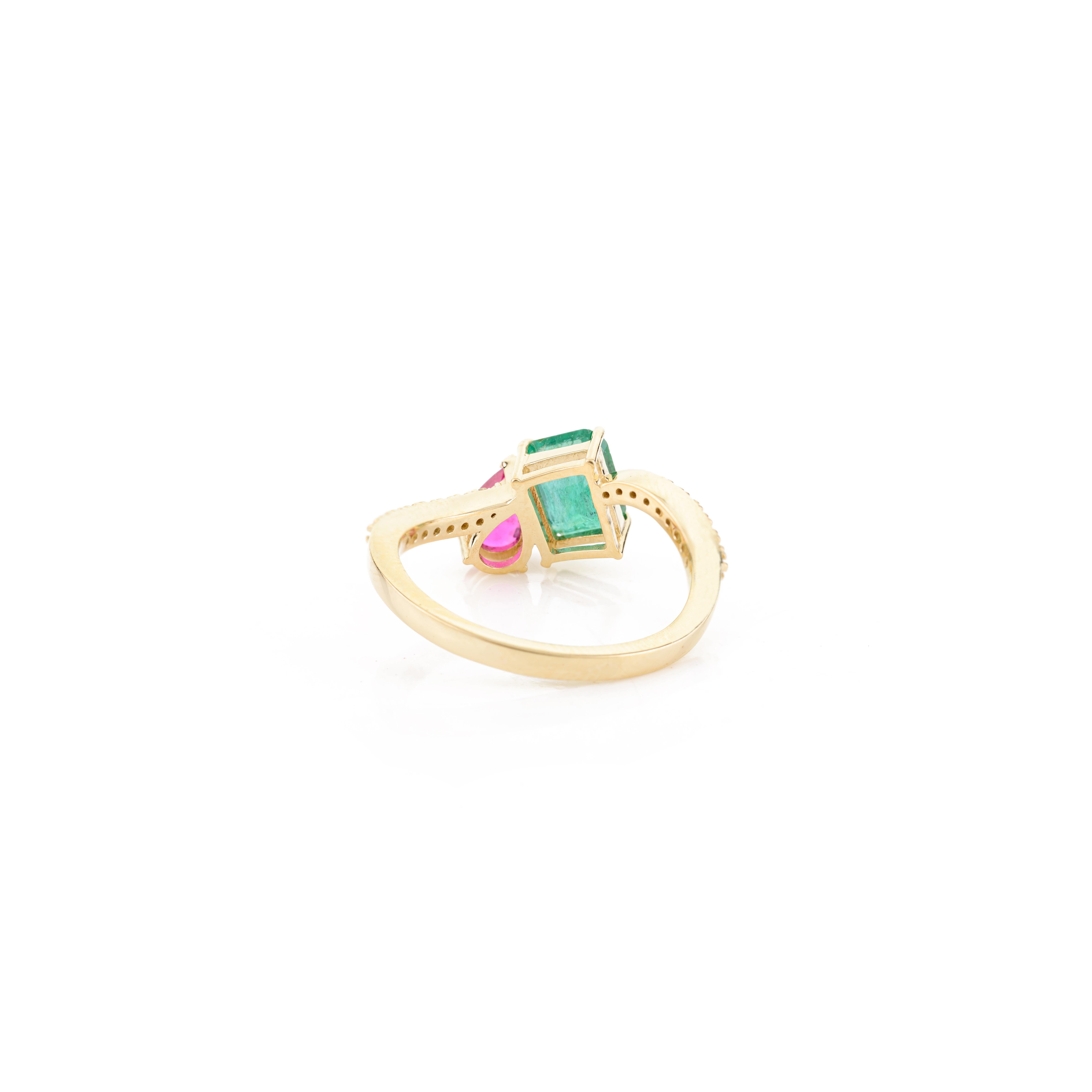 For Sale:  Emerald Ruby Toi et Moi Wedding Ring with Diamonds in 14k Solid Yellow Gold 5