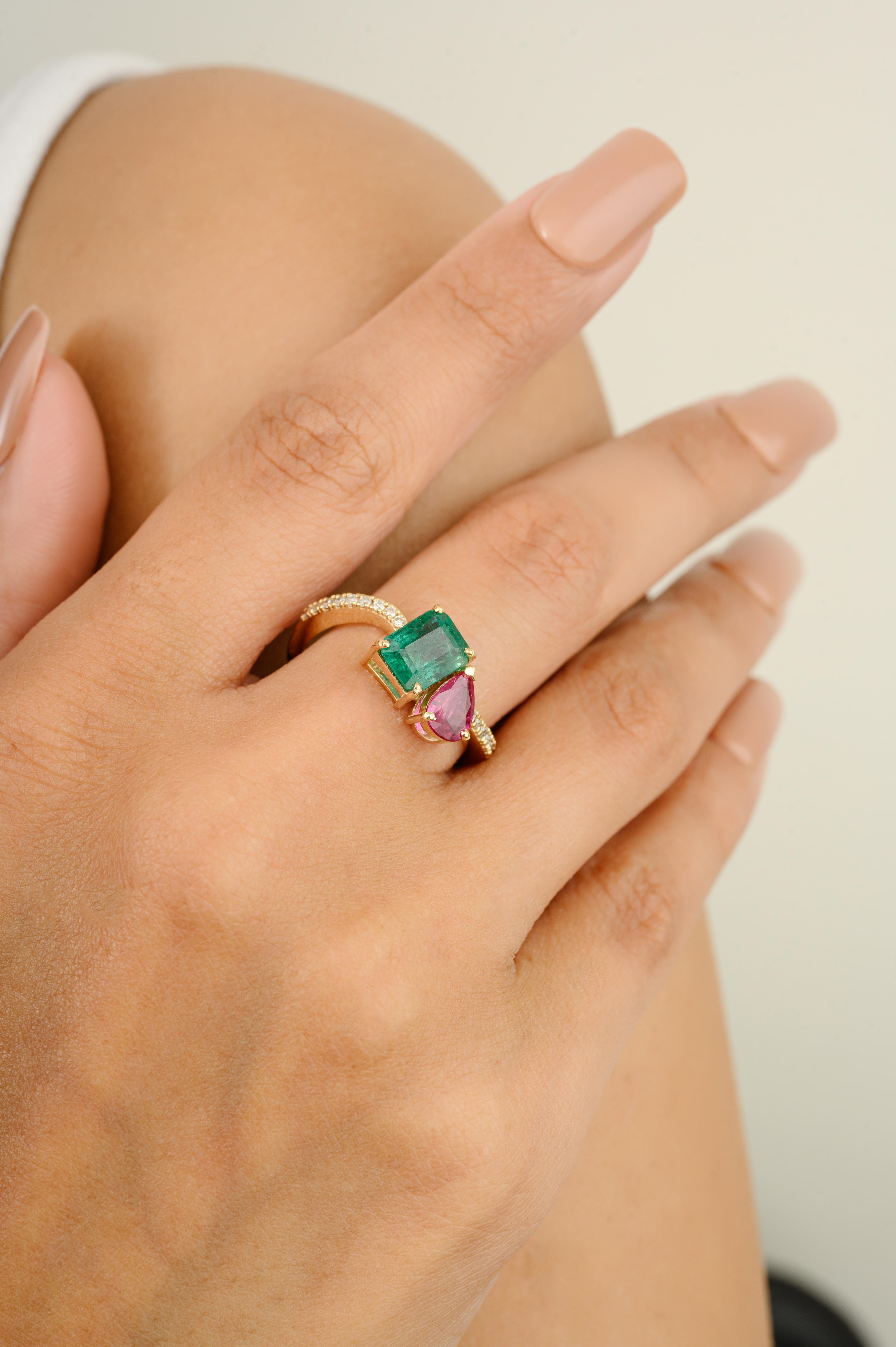 For Sale:  Emerald Ruby Toi et Moi Wedding Ring with Diamonds in 14k Solid Yellow Gold 6