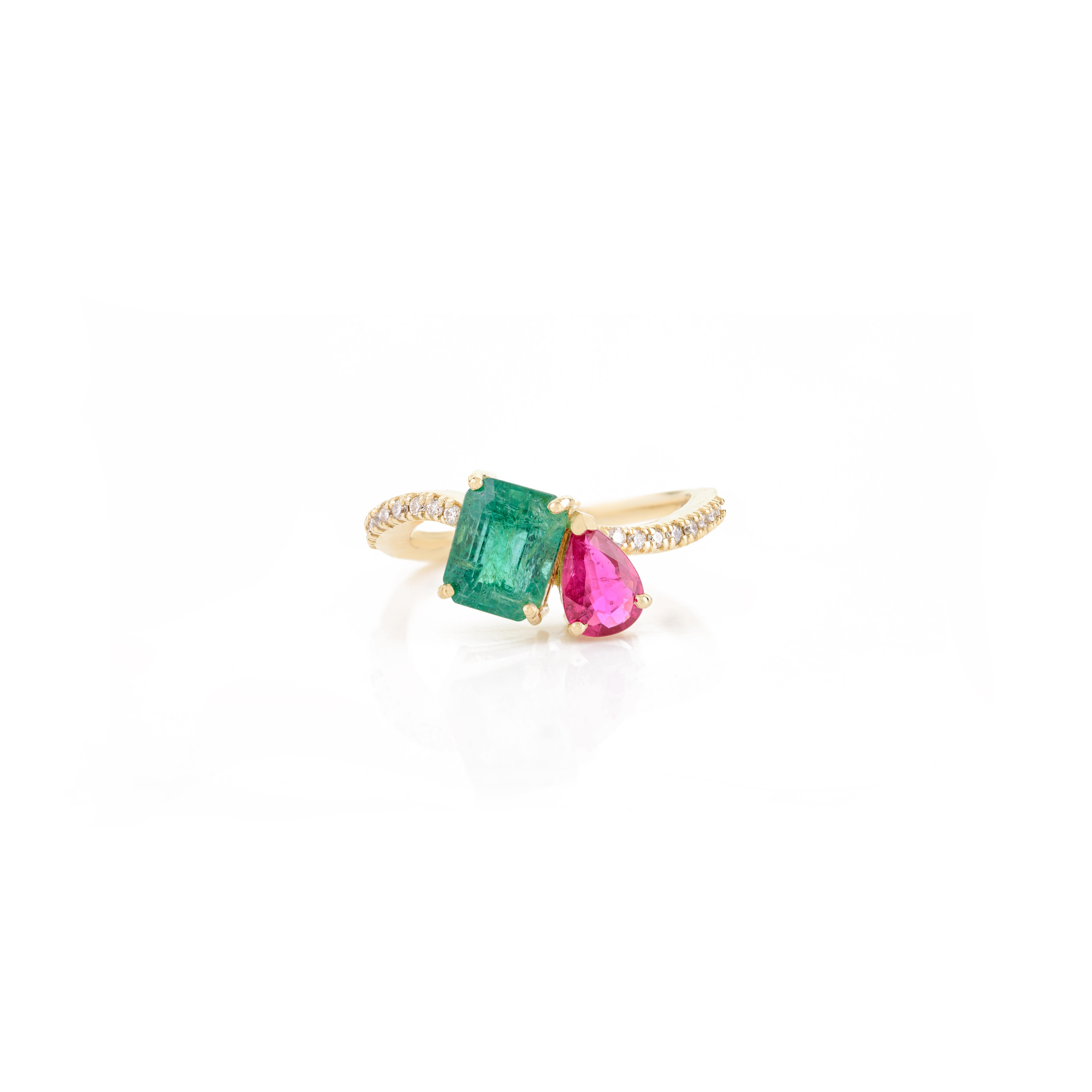 For Sale:  Emerald Ruby Toi et Moi Wedding Ring with Diamonds in 14k Solid Yellow Gold 8