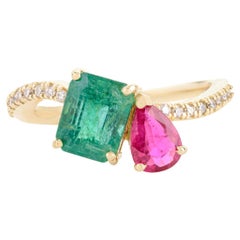 Anello nuziale in rubino smeraldo Toi et Moi con diamanti in oro giallo massiccio 14k