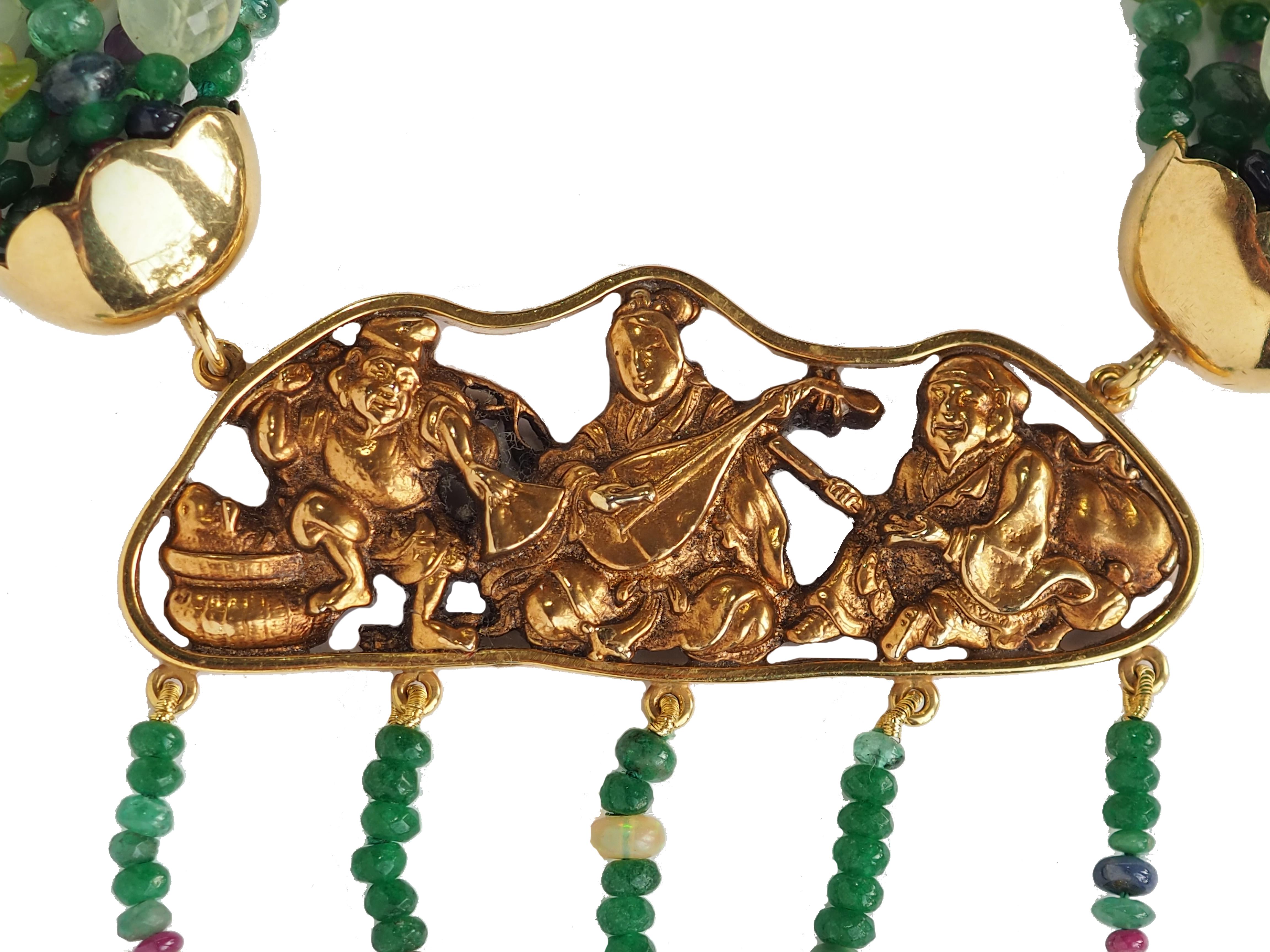 Artigiano Collana in oro con smeraldo, rubino e tormalina in vendita
