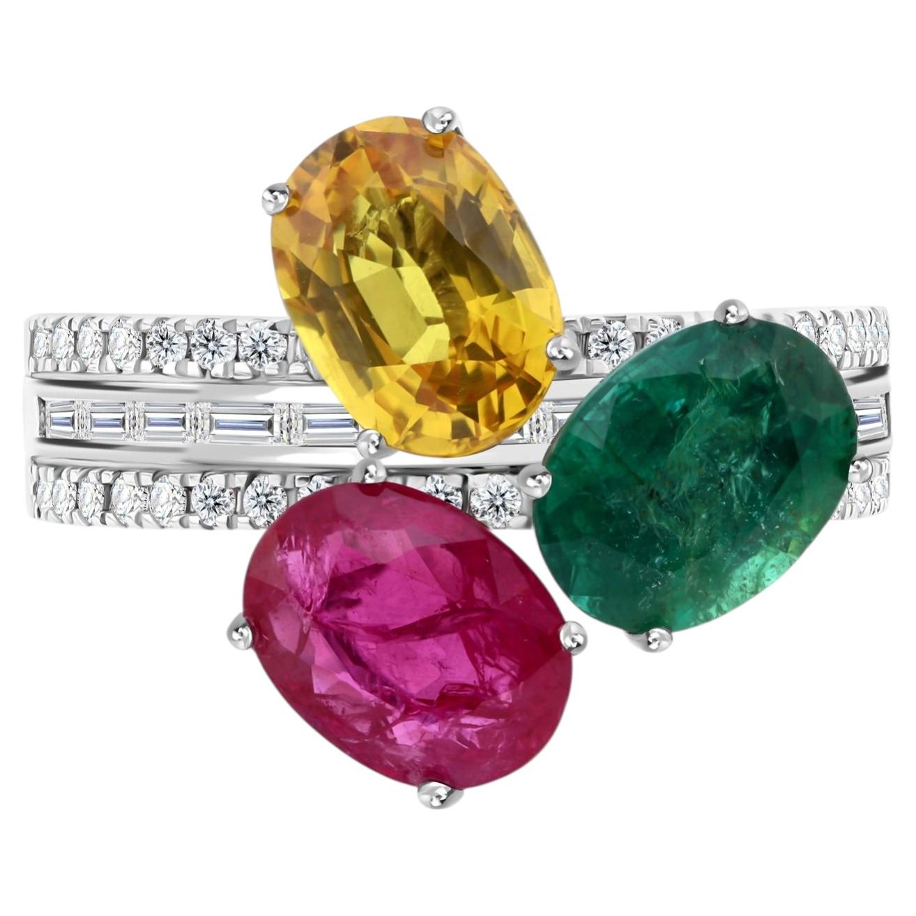 For Sale:  Natural Sapphire Emerald Ruby Diamond Statement Ring in Solid 18K White Gold