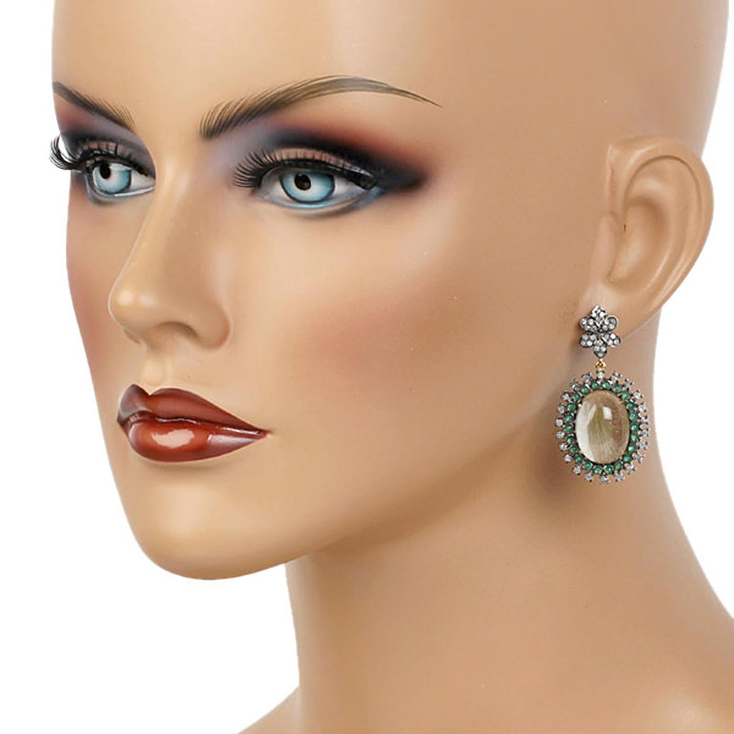 Contemporary Emerald Rutilated Quartz Diamond Earrings For Sale