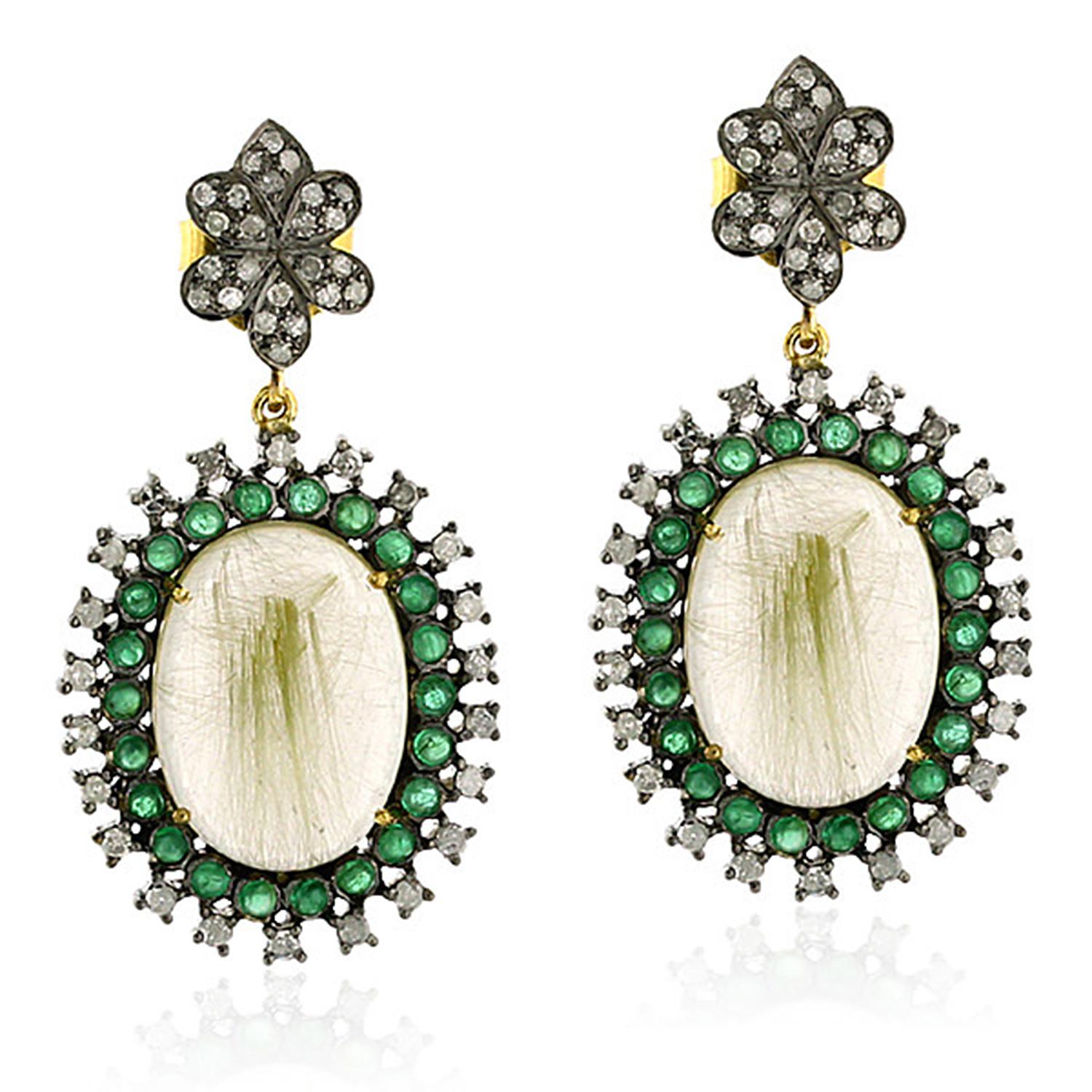 Rose Cut Emerald Rutilated Quartz Diamond Earrings For Sale