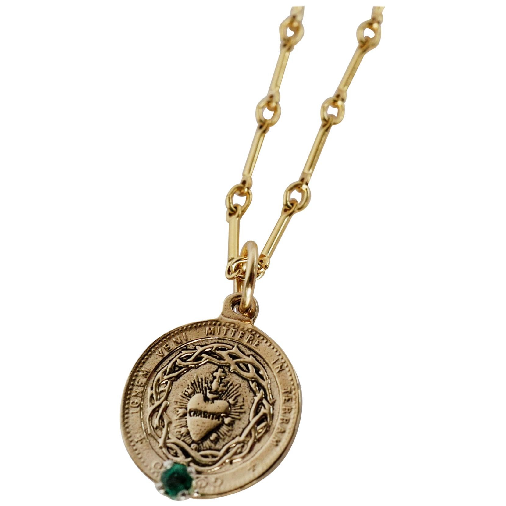 Victorian Emerald Sacred Heart Coin Medal Pendant Chain Necklace J Dauphin For Sale