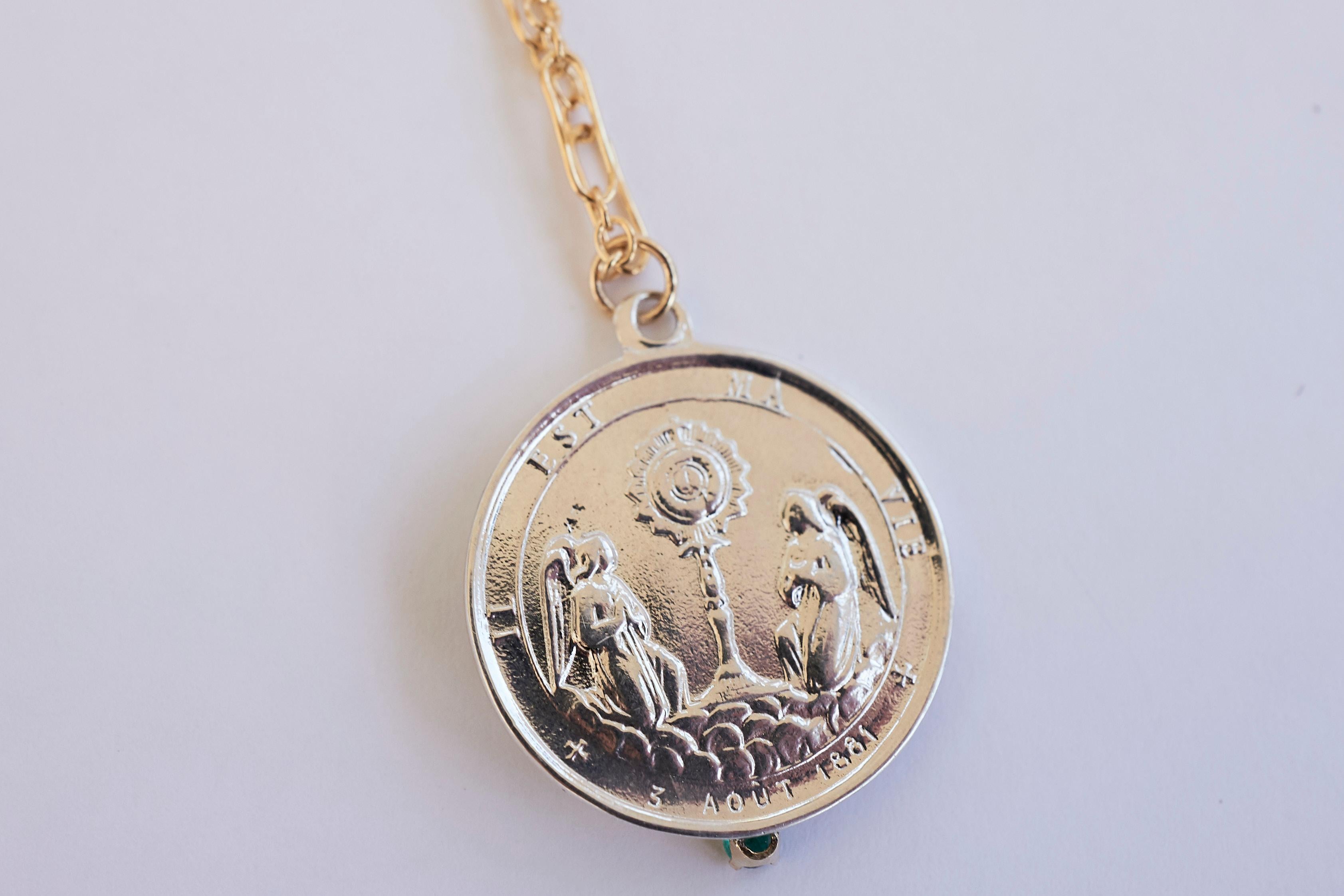 Brilliant Cut Emerald Saint Medal Coin Silver Jeanne Le Mat Necklace Chain J Dauphin For Sale