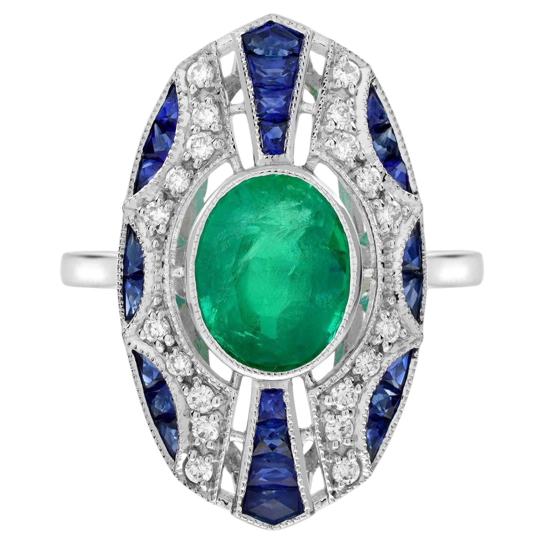 Émeraude  Saphir et diamant  Bague de table de style Art déco en or 18 carats