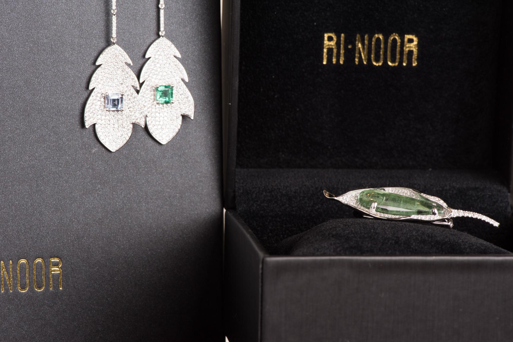 Contemporary Emerald Sapphire and Diamond Leaf Drop Earrings For Sale