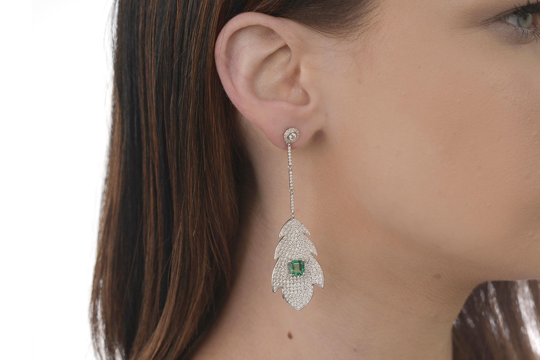 Emerald Cut Emerald Sapphire and Diamond Leaf Drop Earrings For Sale