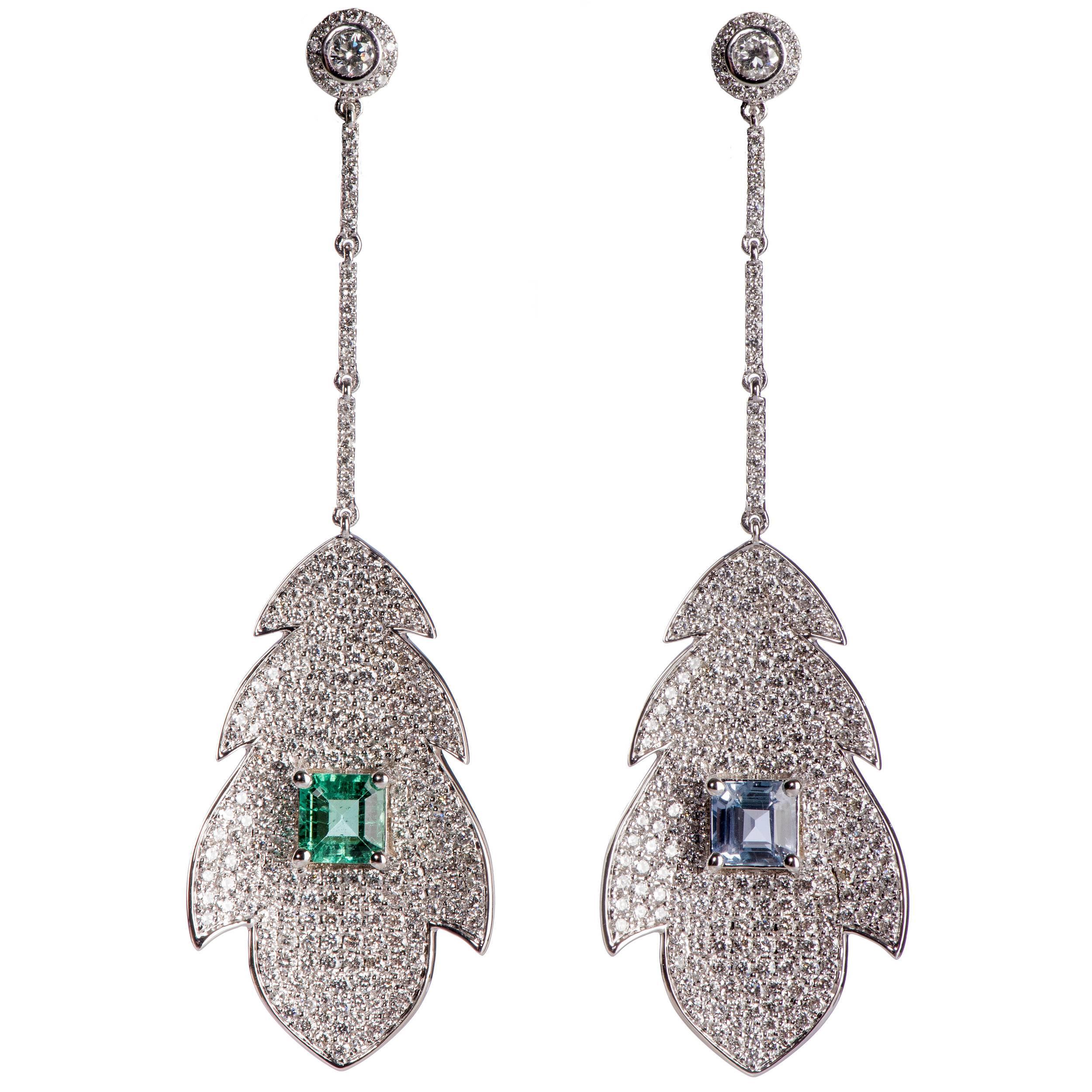 Emerald Sapphire and Diamond Leaf Drop Earrings For Sale