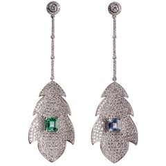 Emerald Sapphire and Diamond Leaf Drop Earrings