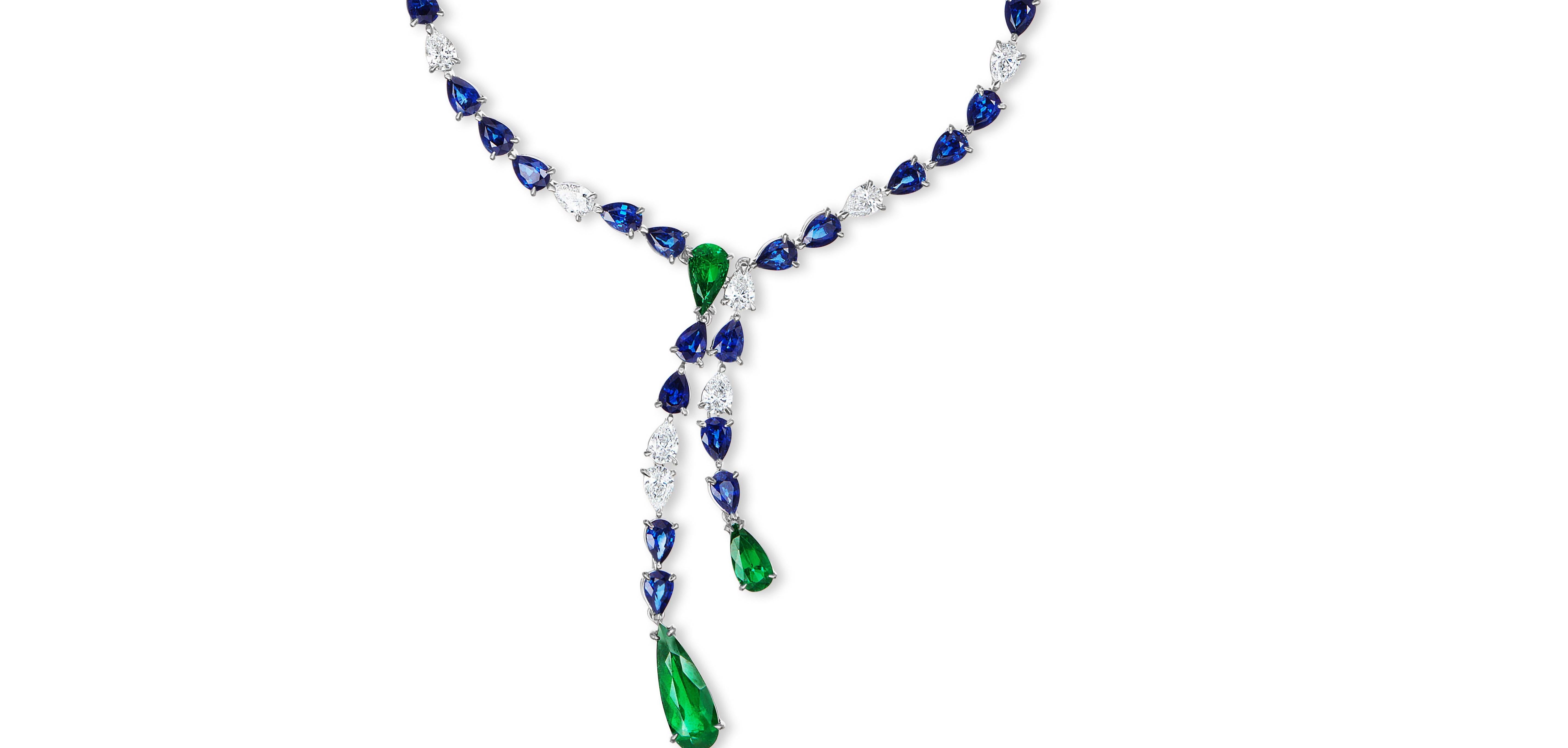 Pear Shaped Emerald, Sapphire and Diamond Necklace. This Necklace is part of a Suite and can be purchased individually.

Striking necklace and color combination. The gorgeous Colombian Emeralds matched with the beautiful Ceylon Sapphires play as if