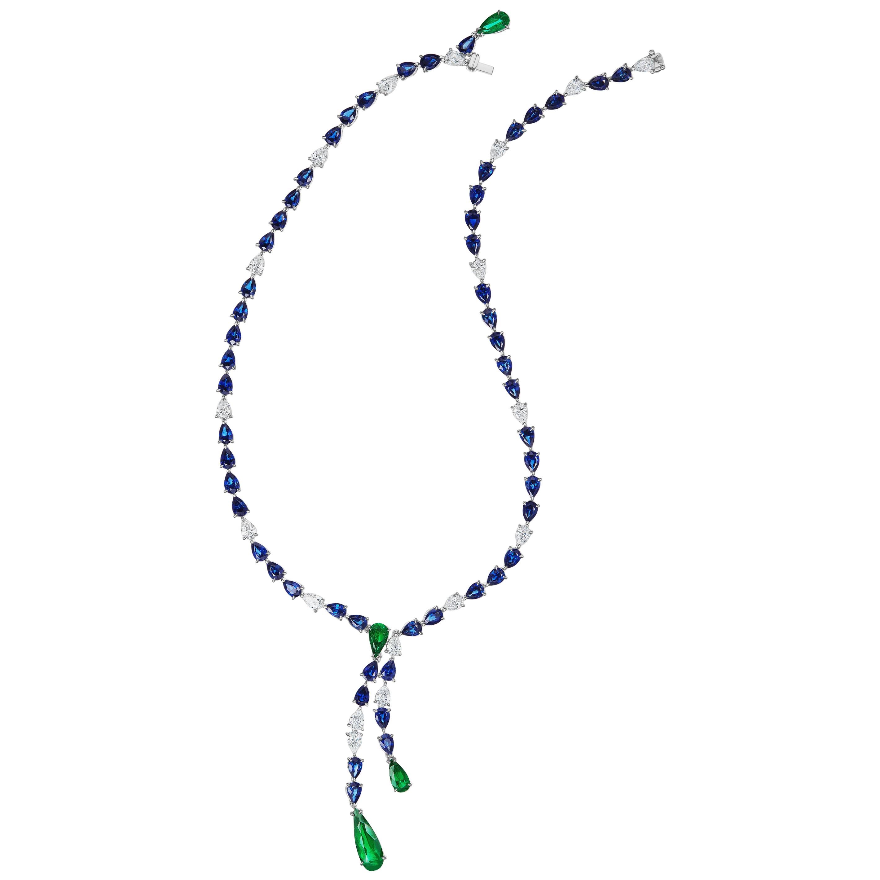Emerald, Sapphire and Diamond Pear Shaped Drop Necklace For Sale