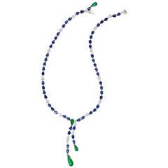 Emerald, Sapphire and Diamond Pear Shaped Drop Necklace