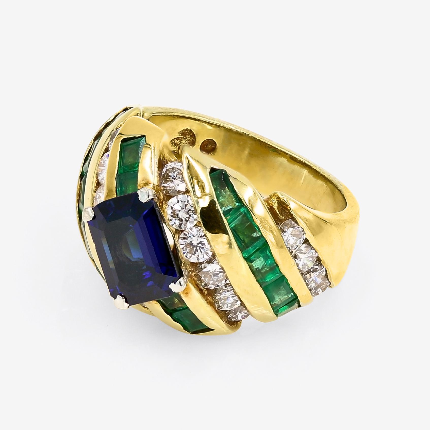 Contemporary Emerald, Sapphire and Diamond Ring in 18 Karat Yellow Gold