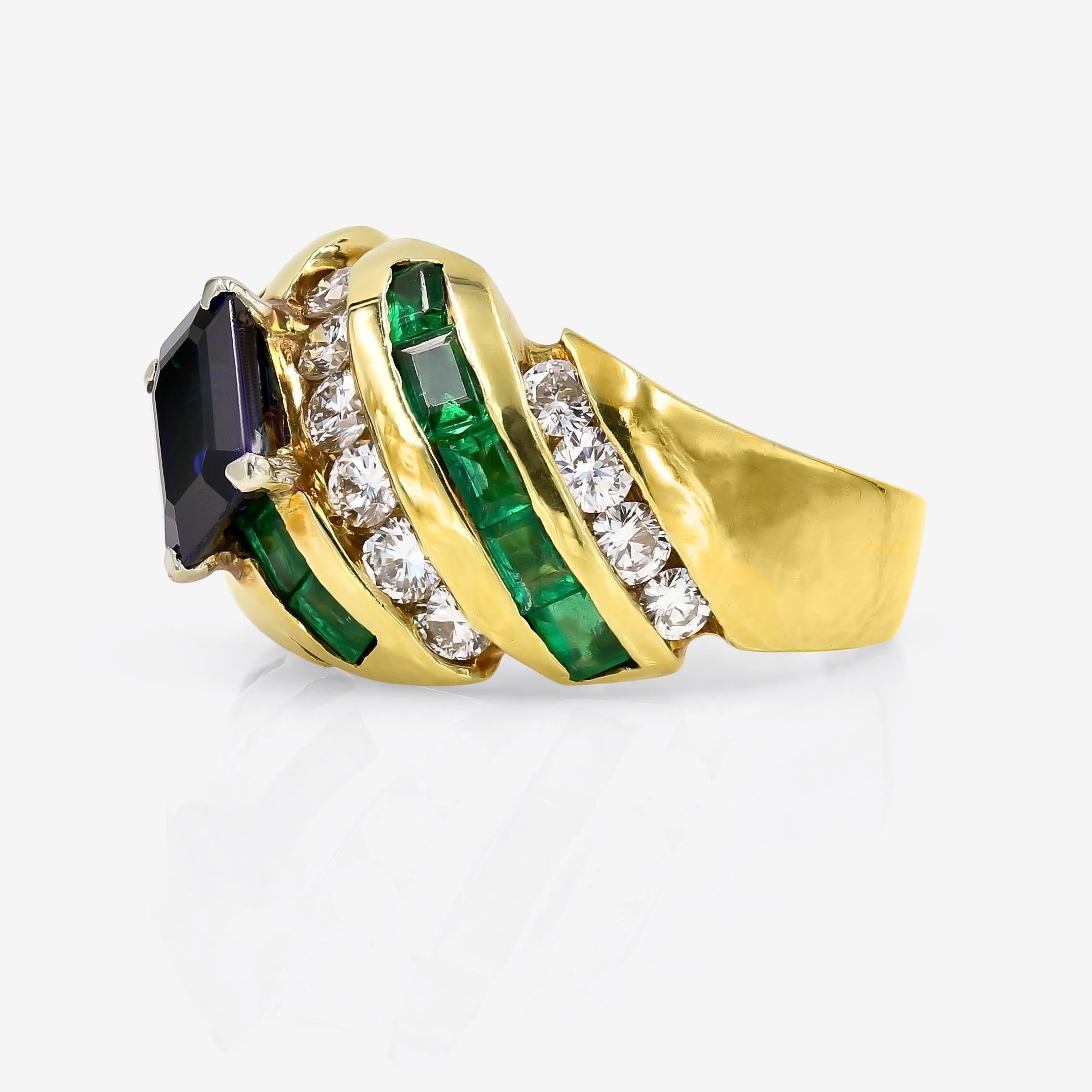 Emerald Cut Emerald, Sapphire and Diamond Ring in 18 Karat Yellow Gold