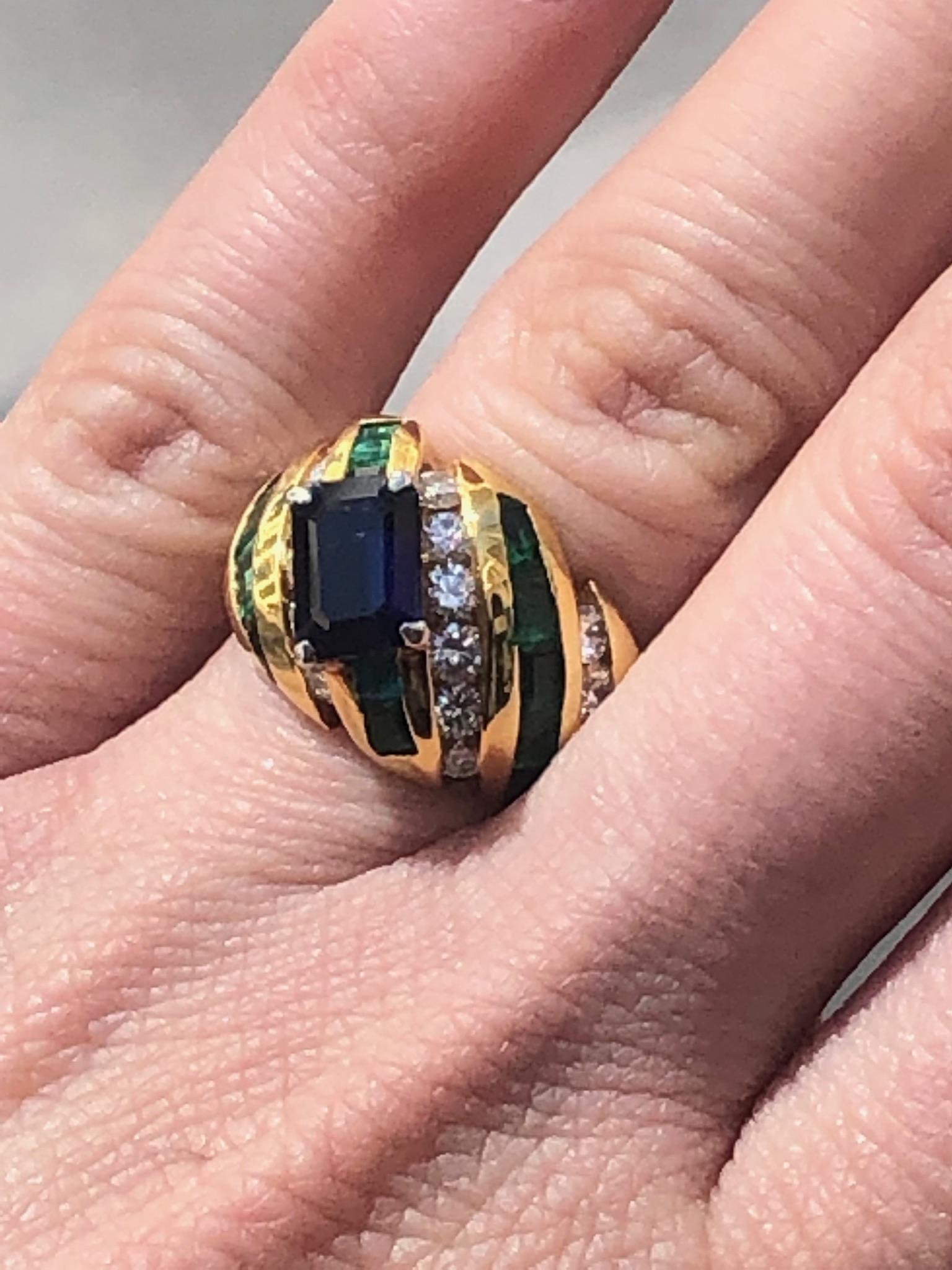 Emerald, Sapphire and Diamond Ring in 18 Karat Yellow Gold 1