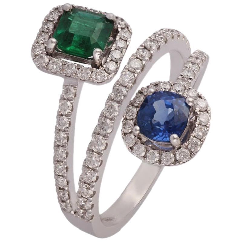 Emerald, Sapphire and Diamond Ring Studded in 18 Karat White Gold