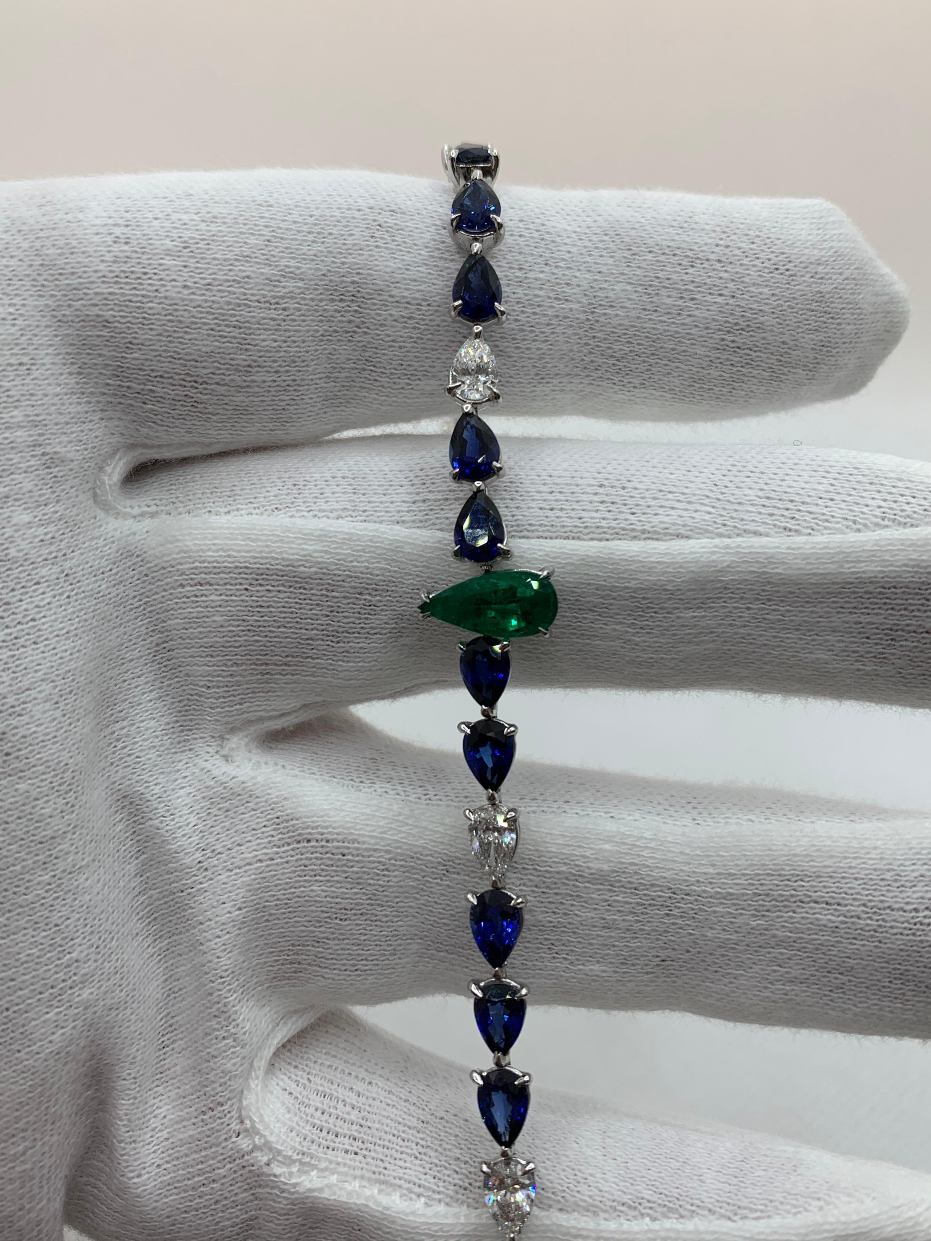 Contemporary Emerald Sapphire and Pear Shaped Diamond Bracelet For Sale