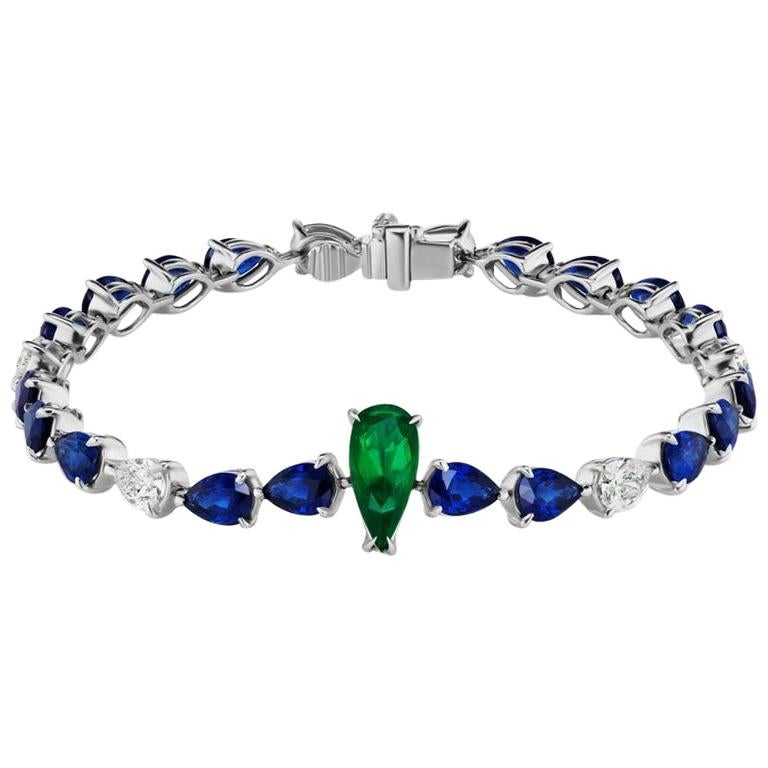 Emerald Sapphire and Pear Shaped Diamond Bracelet For Sale