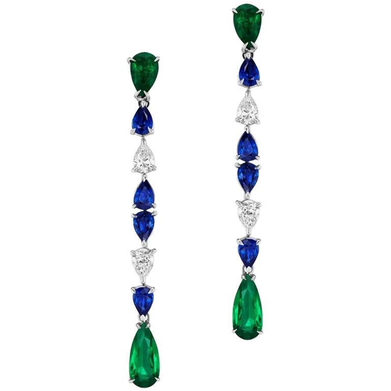 Emerald Sapphire and Pear Shaped Diamond Drop Earrings