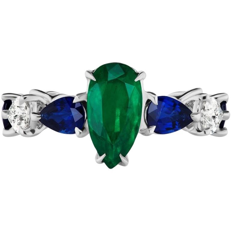 Emerald Sapphire and Pear Shaped Diamond Ring