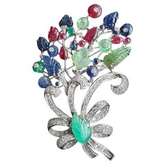 Goshwara Emerald, Sapphire and Ruby With Diamond Brooch
