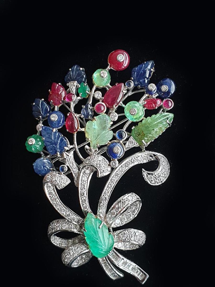 Mixed Cut Emerald, Sapphire and Ruby with Diamond Brooch For Sale