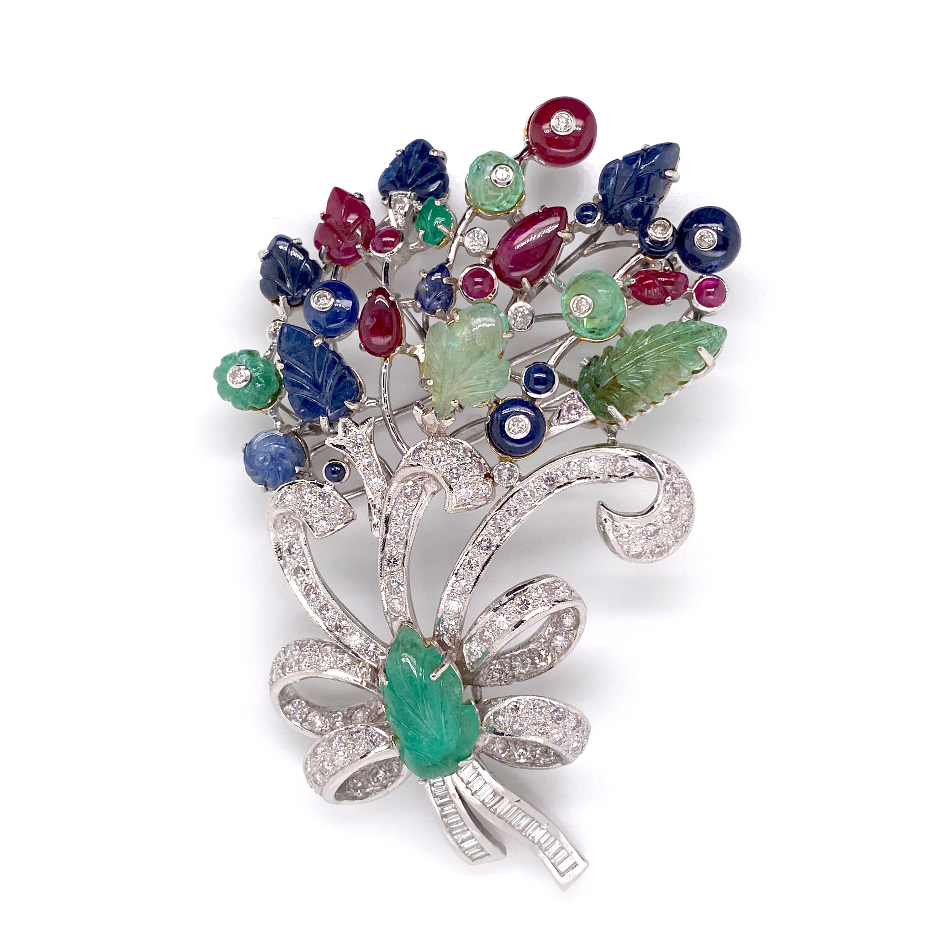 Emerald, Sapphire and Ruby with Diamond Brooch In New Condition For Sale In New York, NY