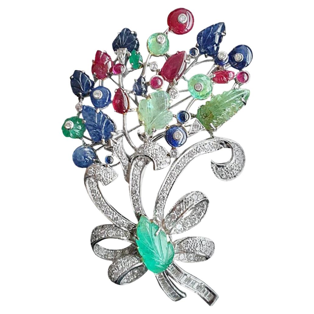 Emerald, Sapphire and Ruby with Diamond Brooch For Sale
