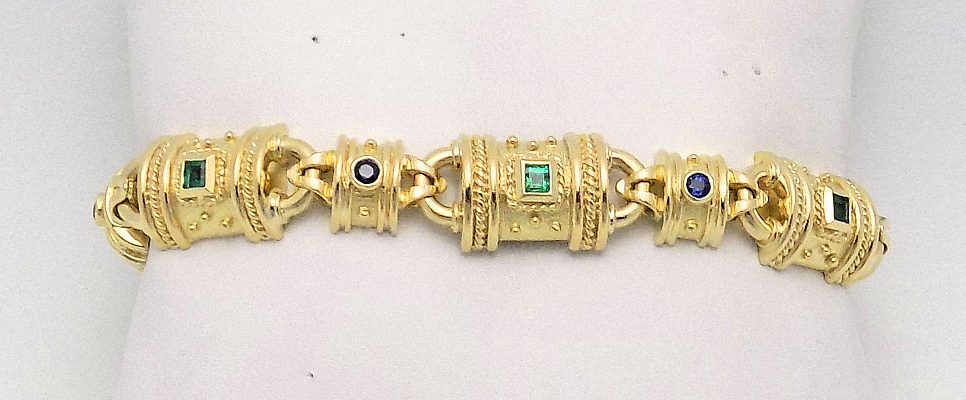 Women's Emerald, Sapphire and Yellow Gold Bracelet For Sale