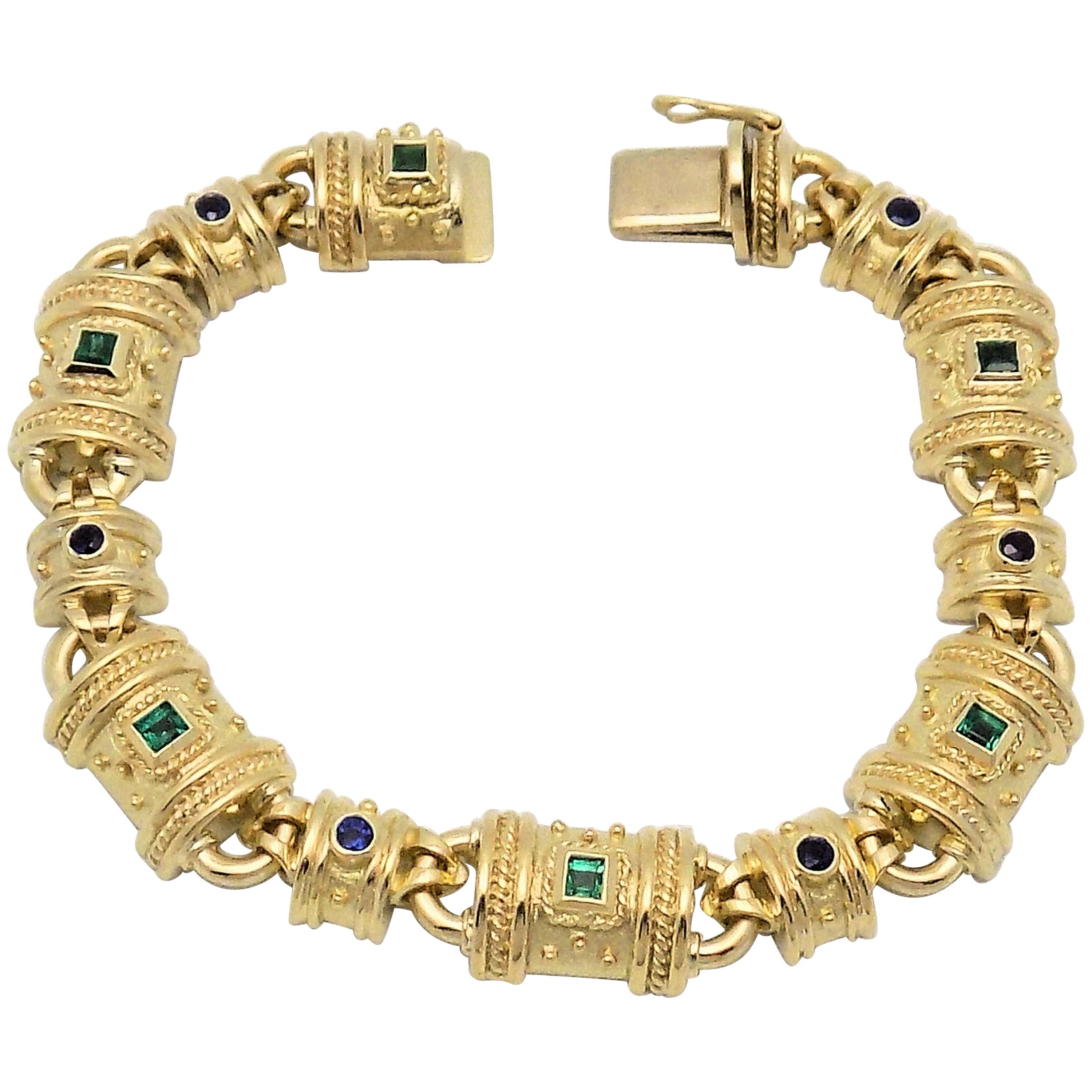 Emerald, Sapphire and Yellow Gold Bracelet For Sale