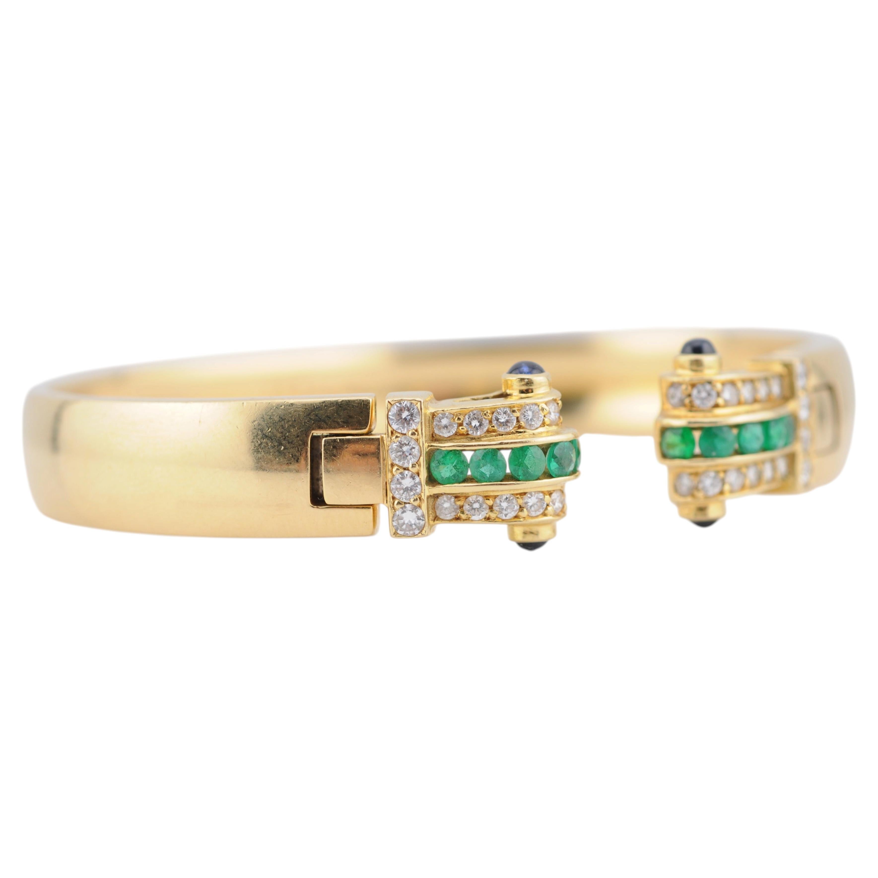 Emerald, Sapphire Cabochon and Diamond Bangle Bracelet in 18 Karat Yellow Gold