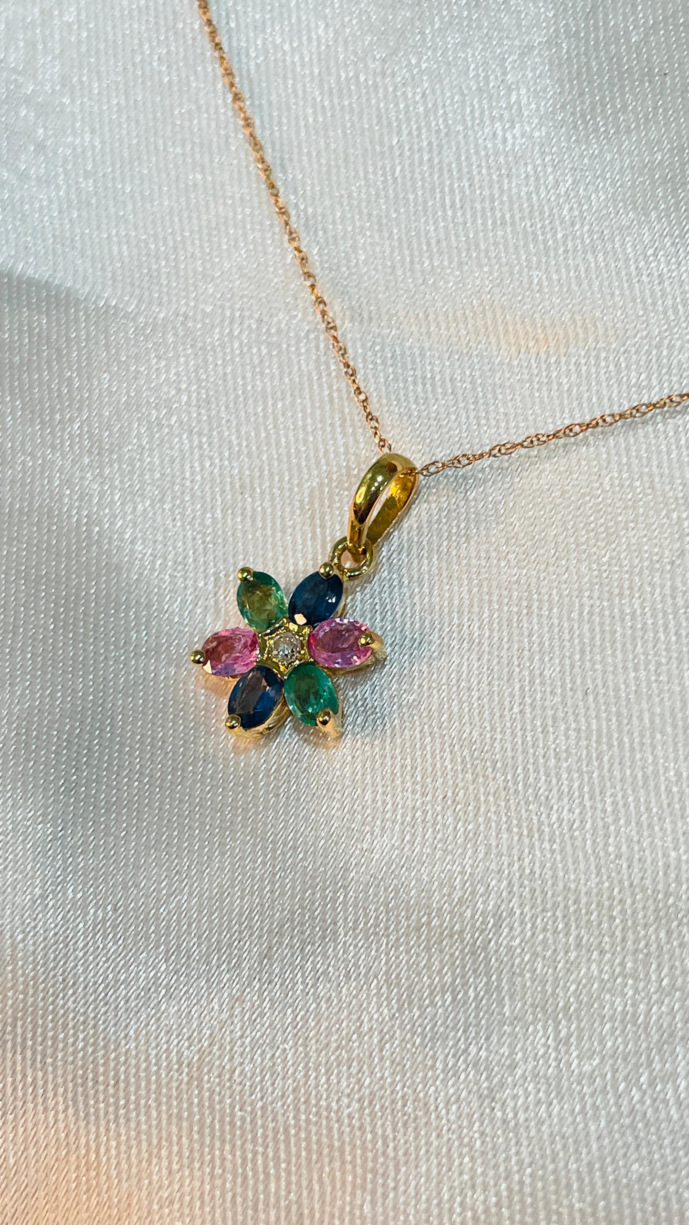 Multi Sapphire and Emerald Flower Pendant in 18kt Solid Yellow Gold For Sale 1