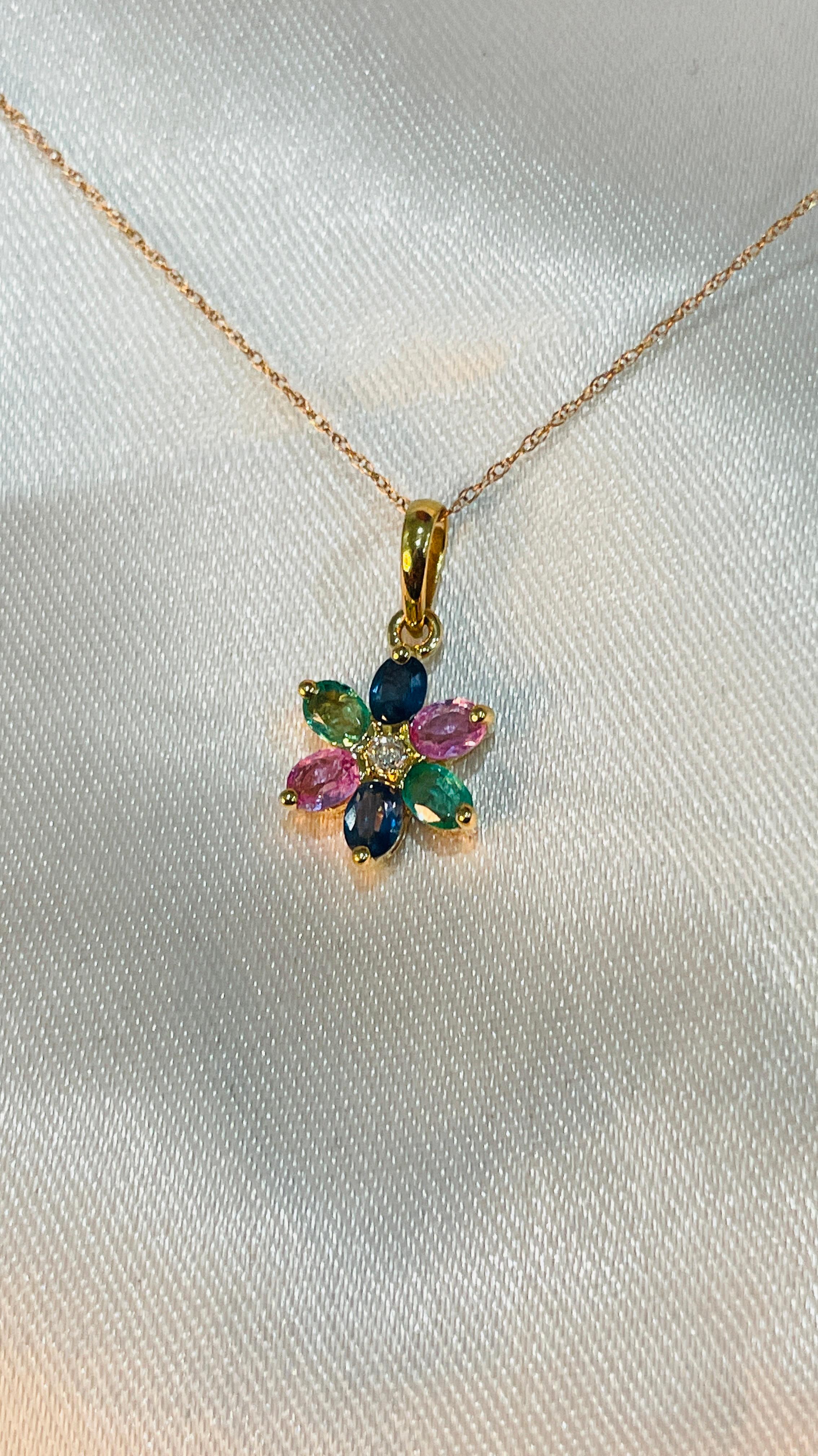 Multi Sapphire and Emerald Flower Pendant in 18kt Solid Yellow Gold In New Condition For Sale In Houston, TX